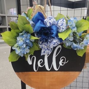 Hello Blue Floral Wreath Sign - Home Accents